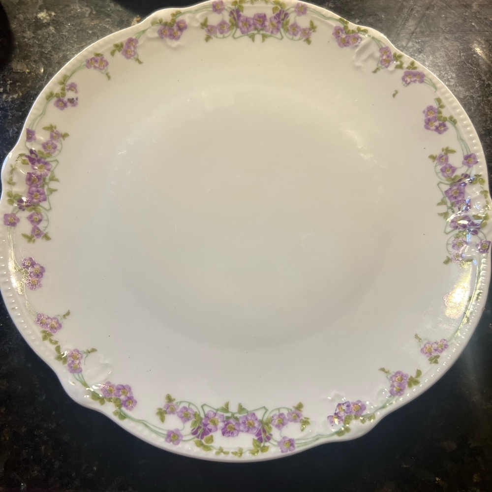 Antique German White Luncheon Plate in Delicate Floral on Scalloped Edge